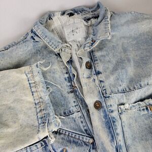 Vintage Acid Wash Distressed Denim Chore Jacket Lined Frayed Blue One Size